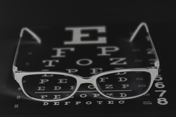 Eyeglasses on eyesight test chart background.