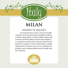 Designe page or menu for Italian products. It can be a guide with information about Italian city of Milan