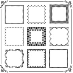 Vintage set of elements. Different square elements for decoration and design frames, cards, menus, backgrounds and monograms. Classic black patterns. Set of vintage patterns