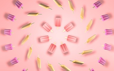 Colorful popsicles ice cream on pastel pinkbackground.