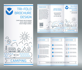 Tri-fold brochure template, on the topic of recreation and tourism. Camping and fishing tools. Vector modern line art illustration.