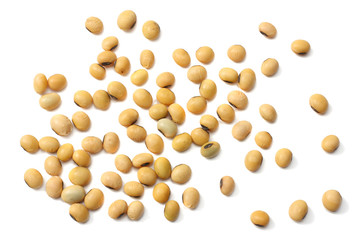 Soybeans isolated on white background. top view