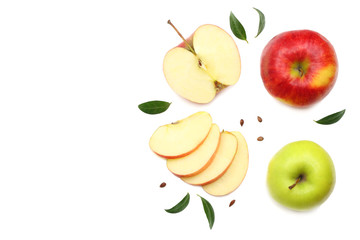 green and red apples with slices isolated on white background. top view
