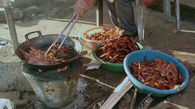 Woman using metal tongs to stir deep-frying frogs in a wok over a household. Deep-fried frogs and water snakes inside plastic basins on the side
