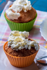 Homemade Cupcakes with cream , closeup.