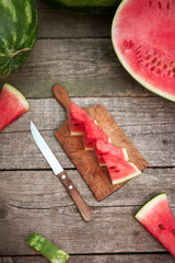 Watermelon slices on chopping board.Top view.