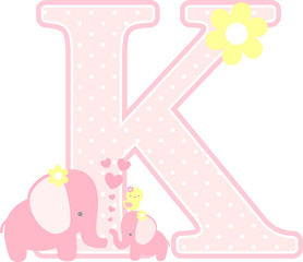 initial k with cute elephant and little baby elephant isolated on white. can be used for mother's day card, baby girl birth announcements, nursery decoration, party theme or birthday invitation