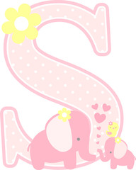 initial s with cute elephant and little baby elephant isolated on white. can be used for mother's day card, baby girl birth announcements, nursery decoration, party theme or birthday invitation