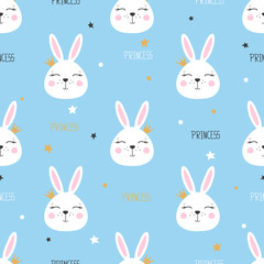 Seamless princess pattern with cute bunny on blue background.