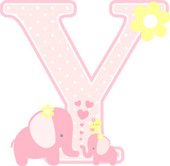 initial y with cute elephant and little baby elephant isolated on white. can be used for mother's day card, baby girl birth announcements, nursery decoration, party theme or birthday invitation