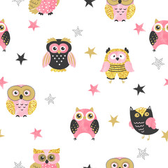 Seamless  cute owls pattern in pink, black and golden colors.