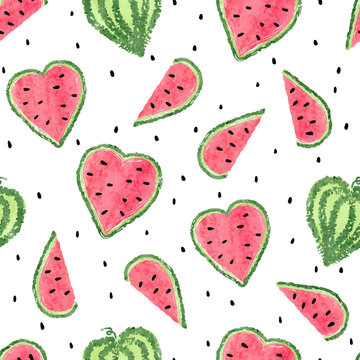 Watercolor watermelons pattern. Seamless vector background with heart shaped watermelon slices.