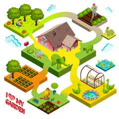 The woman is working in the garden. House with seedlings and flowers. 3d isometric view. Vector illustration.