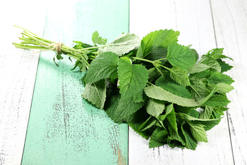 bunch of lemon balm on wooden background