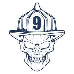 Firefighting logo. The fireman's head in a mask. Fire department label. Vector graphics to design.