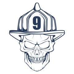 Fototapeta premium Firefighting logo. The fireman's head in a mask. Fire department label. Vector graphics to design.