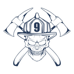 Obraz premium Firefighting logo. The fireman's head in a mask. Fire department label. Vector graphics to design.