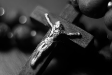 wooden rosary, crucifixion, cross, close up, black and white