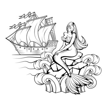 Mermaid and old retro ship. Hand drawn mermaid. Fantasy world. Vector graphics to design.
