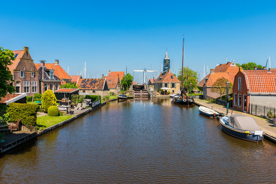 View on the village of Hindeloopen, Friesland, Netherlands on spring day