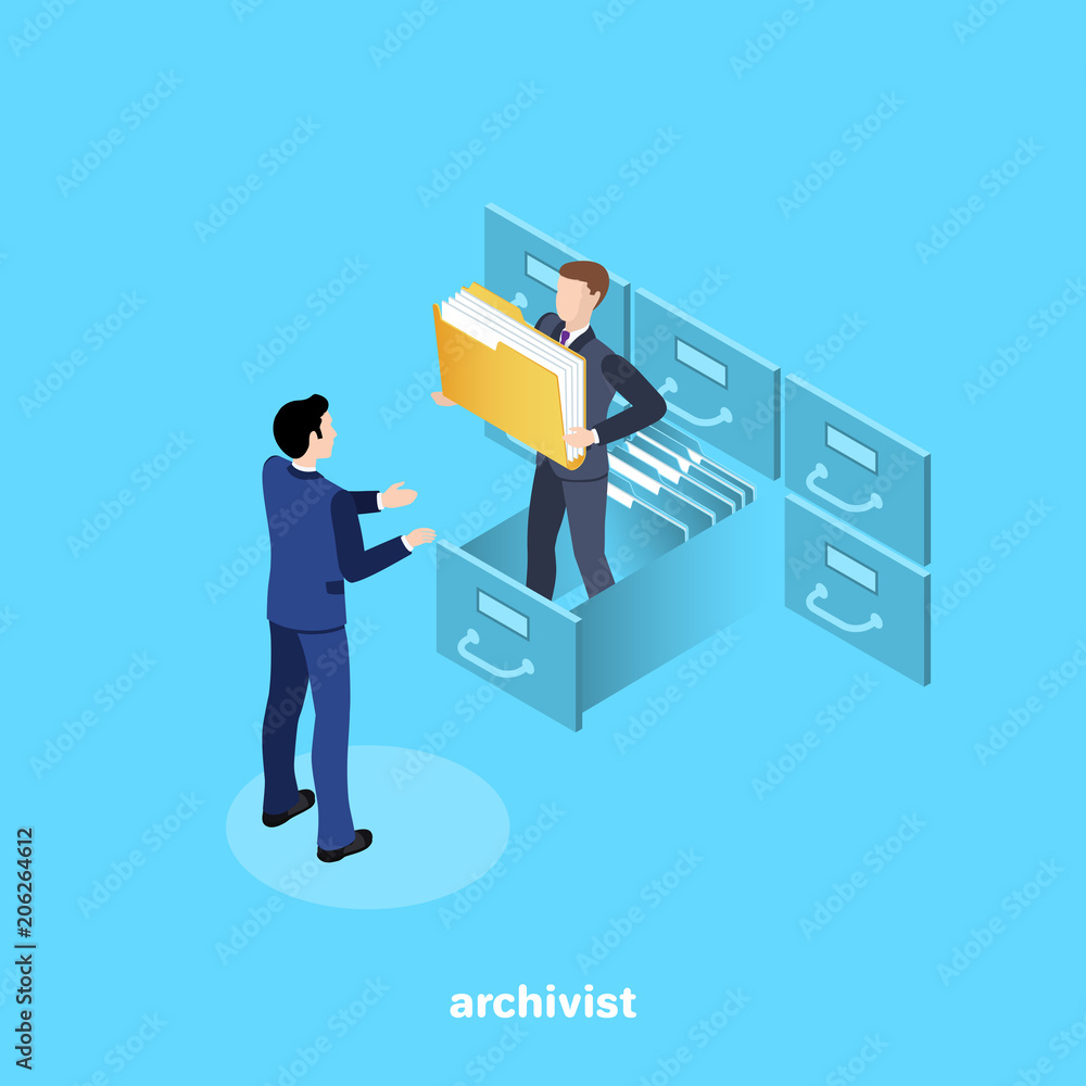 Poster a man in a business suit issues a folder with documents from the archive, an isometric image