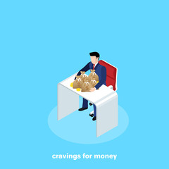 a man in a business suit sits at a table, raking his hands with bags of money, an isometric image
