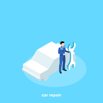 a man in working clothes with a tool in his hand is standing next to the car, an isometric image