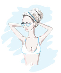 Hand drawn beautiful woman portrait in a bathing suit. fashionable girl with hair gathered at the top. summer time. Sketch. Vector illustration.