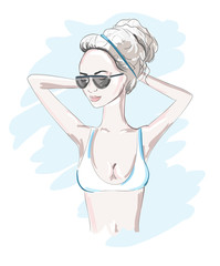 Hand drawn beautiful woman portrait in a bathing suit. fashionable girl with hair gathered at the top. summer time. Sketch. Vector illustration.