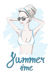 Hand drawn beautiful woman portrait in a bathing suit. fashionable girl with hair gathered at the top. summer time. Sketch. Vector illustration.