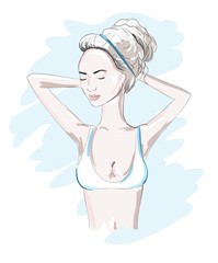Obraz na płótnie Canvas Hand drawn beautiful woman portrait in a bathing suit. fashionable girl with hair gathered at the top. summer time. Sketch. Vector illustration.