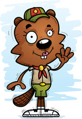 Cartoon Female Beaver Scout Waving