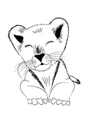 Hand drawn monochrome vector illustration of baby lion isolated on white background