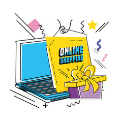 laptop with shopping online icons pop art style