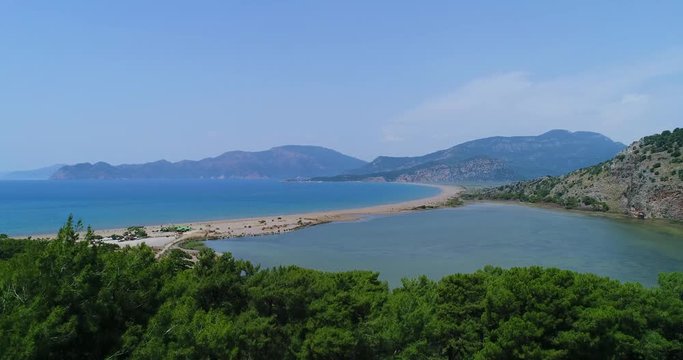 Aerial view. Iztuzu or &laquo;Turtle&raquo; Beach and delta of Dalyan river . Turkey, 4K.