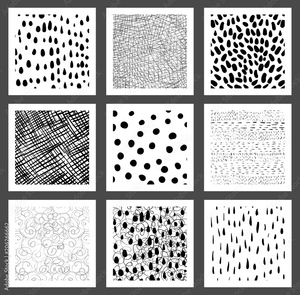 Poster hand drawn vector square greeting cards or tags with textured patterns with lines, dots, scribbles a
