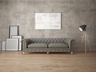 Mock up a modern living room with a leather sofa and a trendy hipster background.