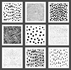 Hand drawn vector square greeting cards or tags with textured patterns with lines, dots, scribbles and strokes