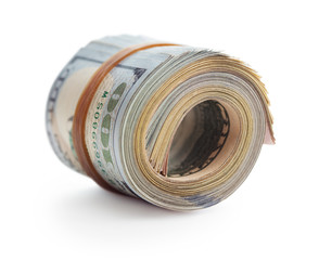 rolled stack of one hundred dollars banknote isolated on white background