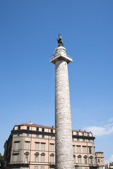 Fototapeta na wymiar Trajan's Column is a Roman triumphal column in Rome, Italy, that commemorates Roman emperor Trajan's victory in the Dacian Wars. It was constructed in the years 107-113.