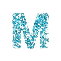 Alphabet letter M uppercase. Liquid font made of blue water drops. 3D render isolated on white background.