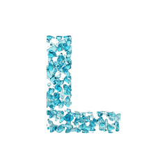 Alphabet letter L uppercase. Liquid font made of blue water drops. 3D render isolated on white background.