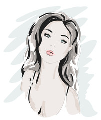 Hand drawn beautiful woman portrait. fashionable girl with curly hair. Sketch. Vector illustration.