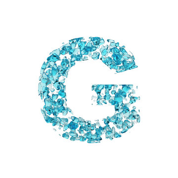 Alphabet letter G uppercase. Liquid font made of blue water drops. 3D render isolated on white background.