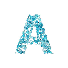 Alphabet letter A uppercase. Liquid font made of blue water drops. 3D render isolated on white background.