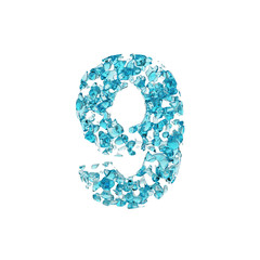 Alphabet number 9. Liquid font made of blue water drops. 3D render isolated on white background.