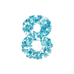 Alphabet number 8. Liquid font made of blue water drops. 3D render isolated on white background.