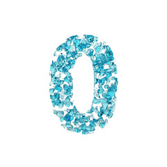 Alphabet number 0. Liquid font made of blue water drops. 3D render isolated on white background.