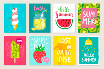 Summer hand drawn calligraphyc card set with fruits, cocktails, ice cream. Use it for flyers, postcards, banners, posters and other designs.