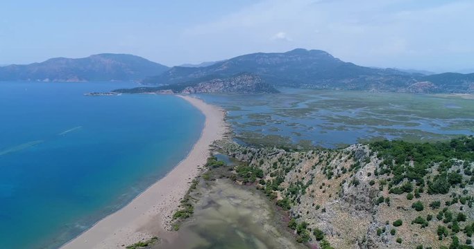 Aerial view. Iztuzu or &laquo;Turtle&raquo; Beach and delta of Dalyan river . Turkey, 4K.
